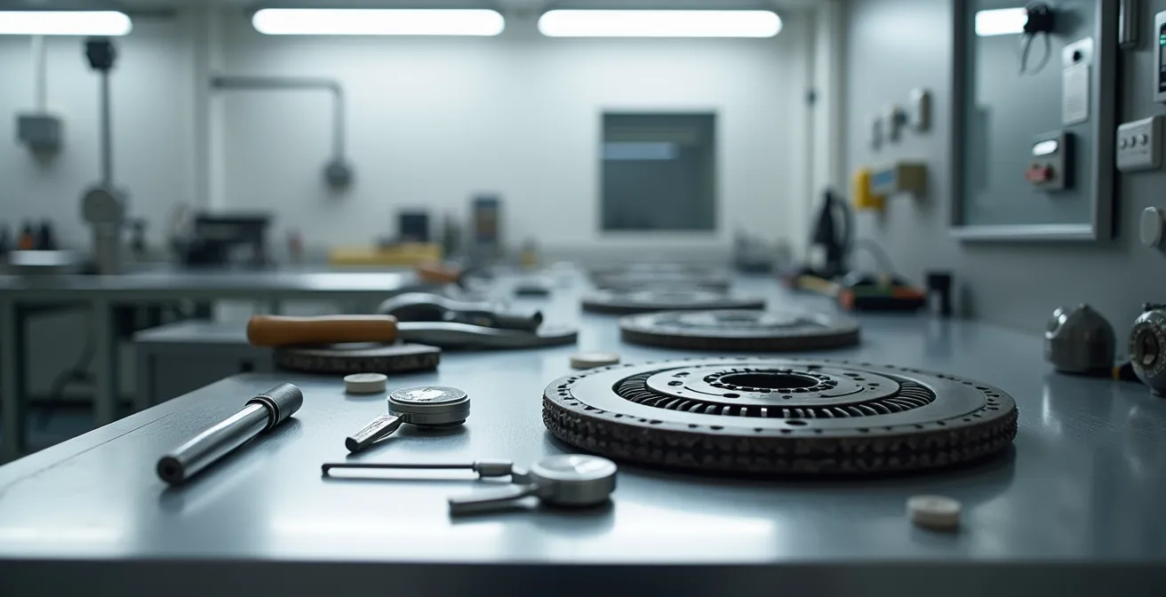 Station de travail d'atelier de regarnissage montrant outillage de mesure de précision et disques inspectés