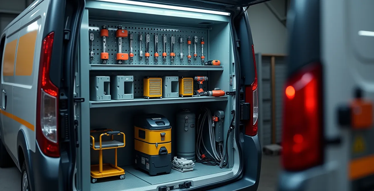 Camion-atelier ouvert montrant outils spécialisés et compresseur