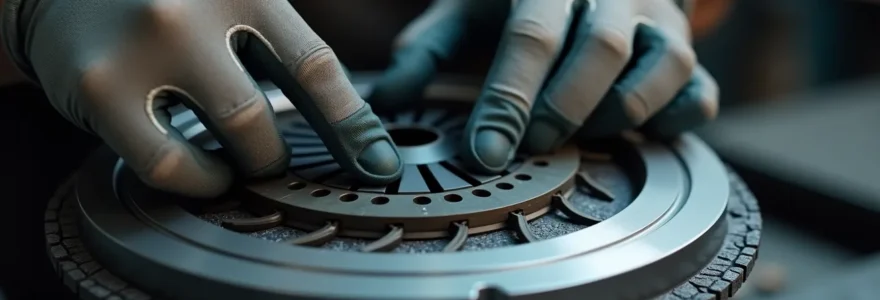 Disque d'embrayage en cours de regarnissage dans un atelier spécialisé, mains du technicien positionnant une garniture de friction