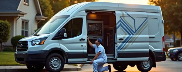 Mecanicien mobile intervenant sur une voiture stationnee devant une maison, camion-atelier ouvert
