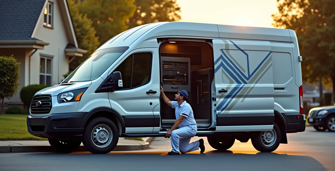 Mecanicien mobile intervenant sur une voiture stationnee devant une maison, camion-atelier ouvert