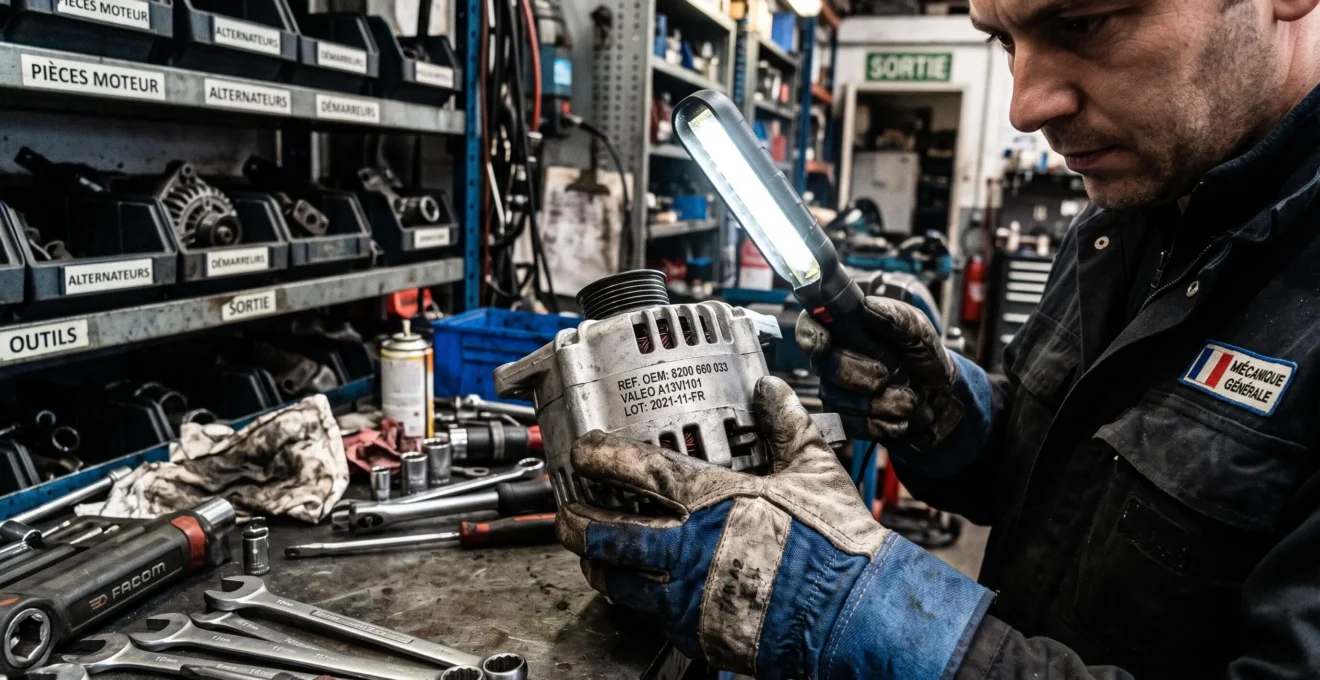 Gros plan sur les mains gantées d'un technicien automobile tenant un alternateur métallique sous une lampe d'atelier, examinant la référence OEM alphanumérique gravée sur le boîtier, dans un environnement de garage professionnel avec établi et outils en arrière-plan