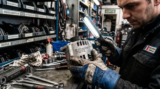 Gros plan sur les mains gantées d'un technicien automobile tenant un alternateur métallique sous une lampe d'atelier, examinant la référence OEM alphanumérique gravée sur le boîtier, dans un environnement de garage professionnel avec établi et outils en arrière-plan
