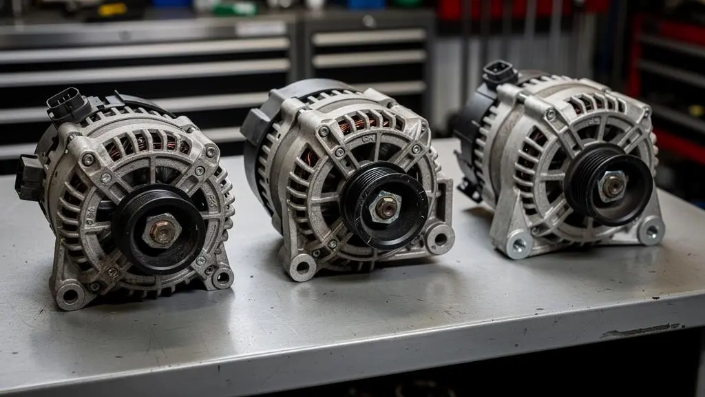 Three similar but different alternator units for comparable vehicle models displayed on an automotive workshop bench