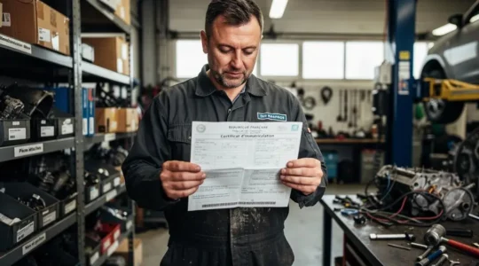 Mechanic examining a French vehicle registration certificate in an automotive repair workshop