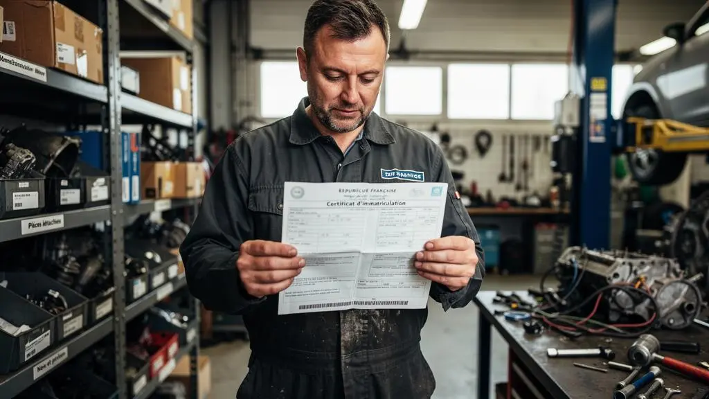 Mechanic examining a French vehicle registration certificate in an automotive repair workshop