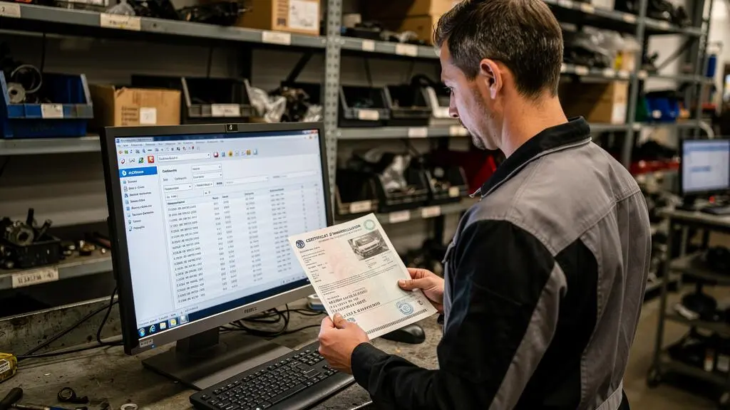 Mechanic using a computer to search for the correct auto part reference while consulting a vehicle registration certificate