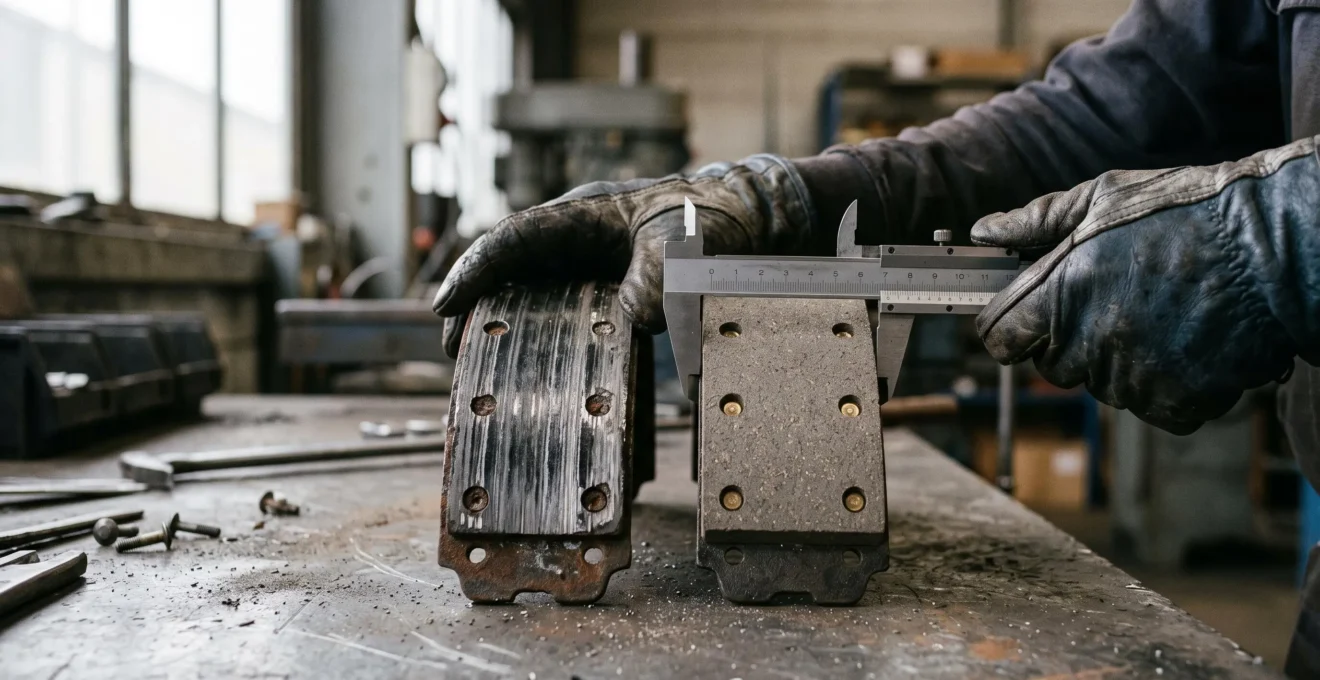 Une garniture de frein usagée est comparée à sa réplique neuve sans amiante sur un établi, avec un pied à coulisse.