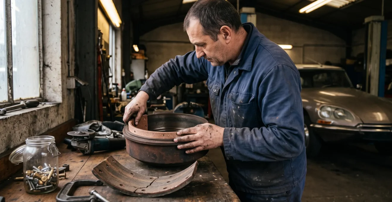Un mécanicien ajuste une garniture de frein neuve à l'intérieur d'un tambour de frein de véhicule ancien sur un établi d'atelier.