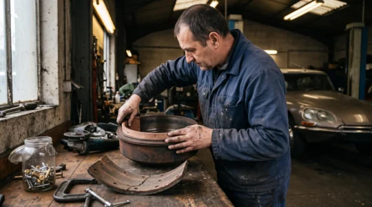 Un mécanicien ajuste une garniture de frein neuve à l'intérieur d'un tambour de frein de véhicule ancien sur un établi d'atelier.